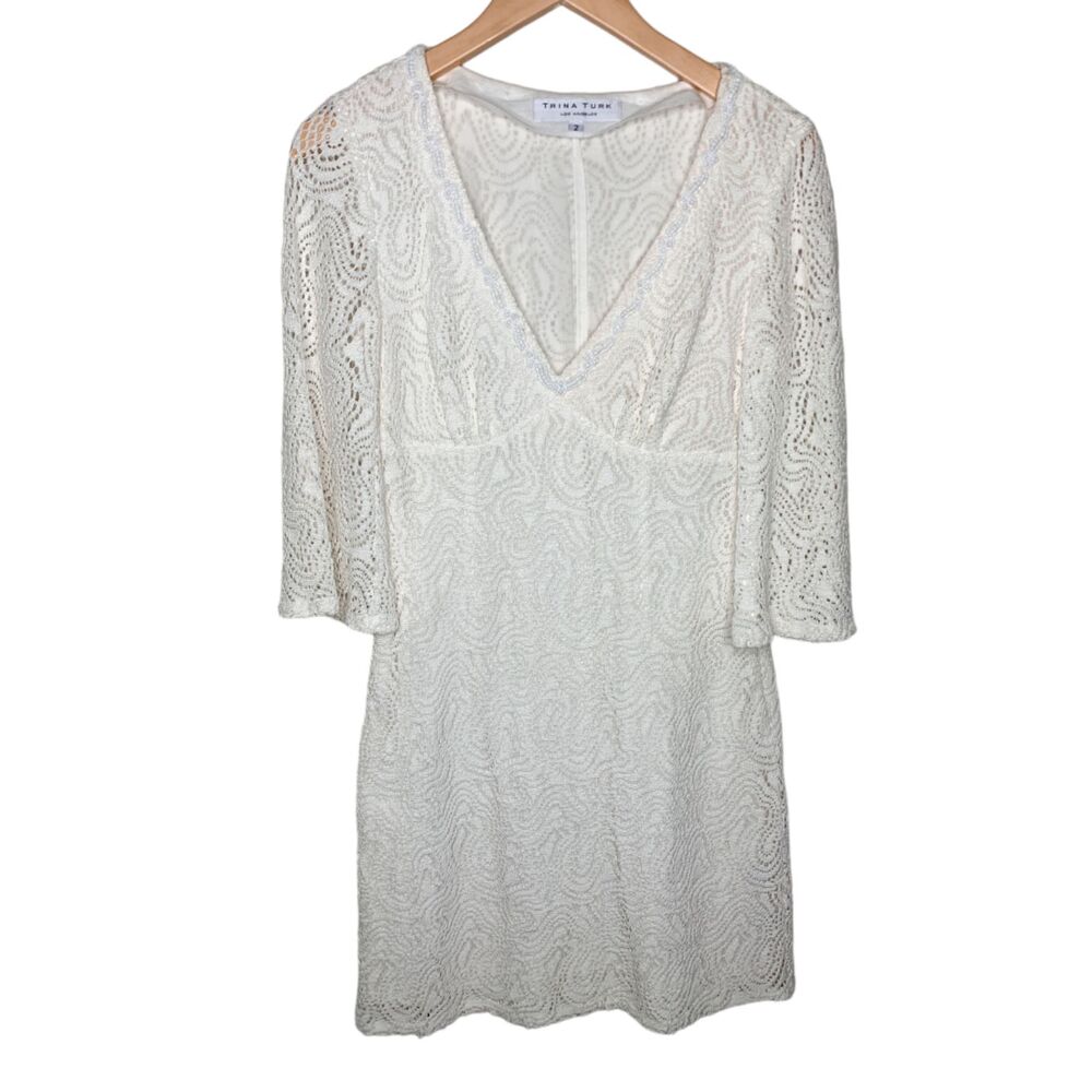 Trina Turk crochet lace beaded v-neckline mini dress white size 2
